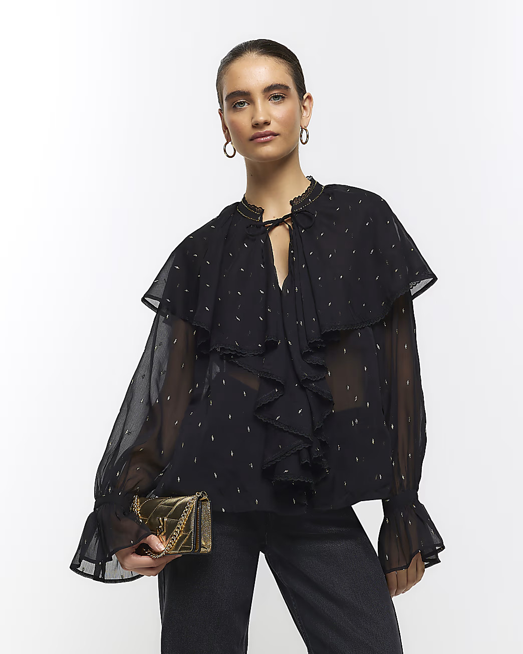 Black glitter detail frill blouse | River Island (UK & IE)