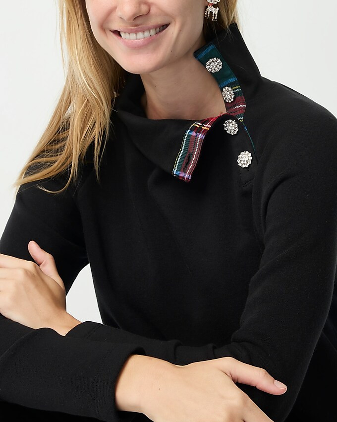 Tartan wide jeweled button-neck pullover sweatshirt | J.Crew Factory