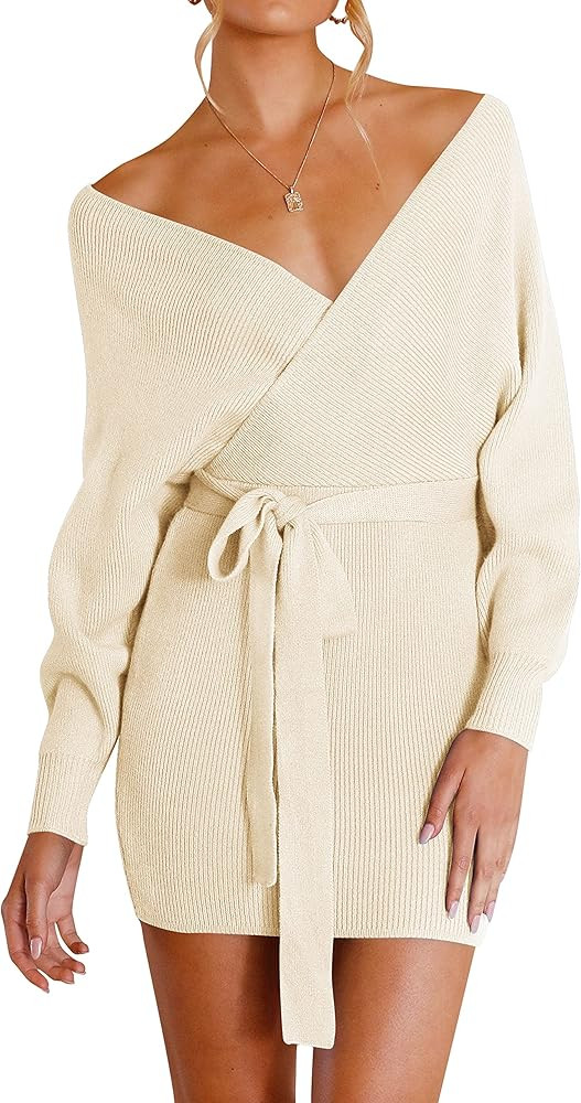 ZESICA Women's Long Batwing Sleeve Wrap V Neck Knitted Backless Bodycon Pullover Sweater Dress wi... | Amazon (US)