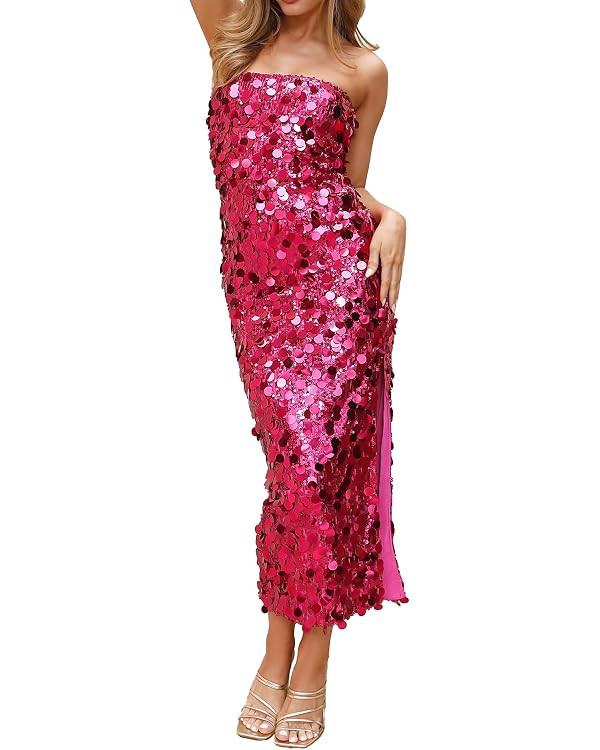 YYA Women's Midi Strapless Dress Sequin Strappy Bodycon Party Dress Sparkly Glitter Ruched Party ... | Amazon (US)
