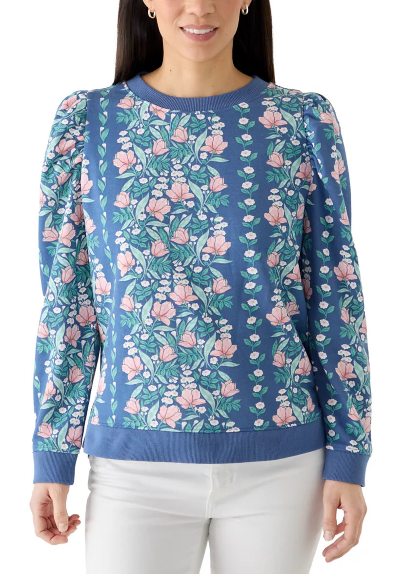 Petite Long Puff Sleeve Printed Sweatshirt | Belk