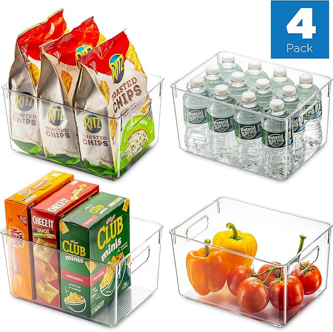 Set Of 4 Clear Pantry Organizer Bins Household Plastic Food Storage Basket with Cutout Handles fo... | Amazon (US)