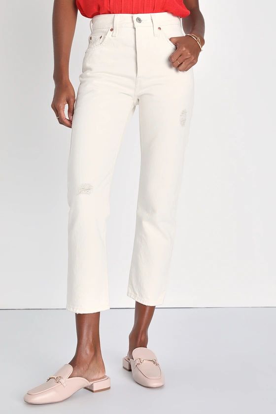 501 Crop Ivory Distressed High Rise Straight Leg Denim Jeans | Lulus