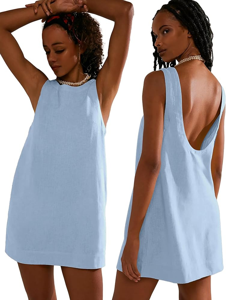 VIUTIL Womens Summer Linen Mini Dress Boat Neck Low Back Sleeveless Tank Dresses with Pockets 202... | Amazon (US)