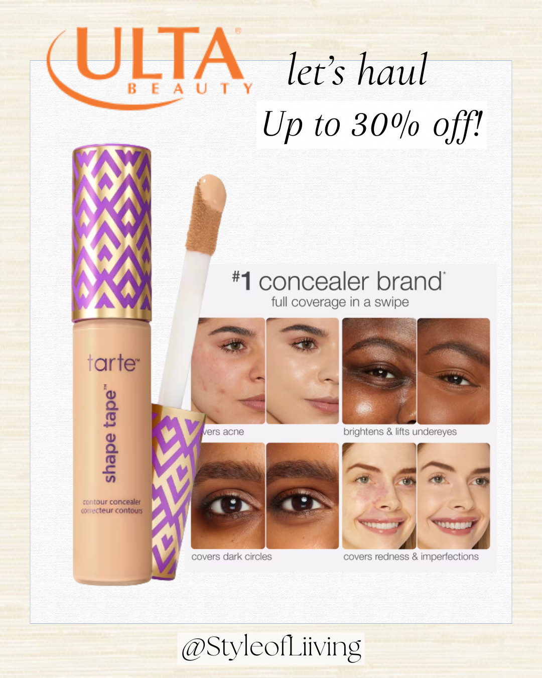Up to 30% off, Ulta's Beauty Sale event, Let's Haul Sale! Tarte's shape tape concealer. Full-coverage matte concealer with 16-hr wear. Smooths & brightens appearance for an instant eye lift effect. Works best for oily or combination skin. #tarte #ulta #concealer #shapetape #ultasale #tartesale #beautysale #flawlessskin  

 #LTKselfcare #LTKSaleAlert #LTKBeauty