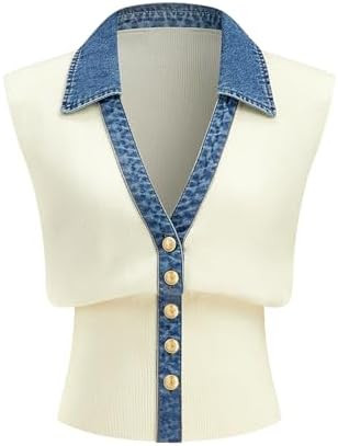 Womens Denim Trim Sweater Vest Sleeveless V Collar Crop Tank Top Knit Loose Pullover Outfit | Amazon (US)