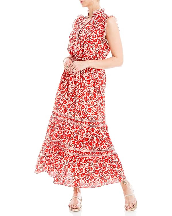 Max Studio Womens Short Sleeve Ruffle Neck Button Top Maxi Tiered Dress | Amazon (US)