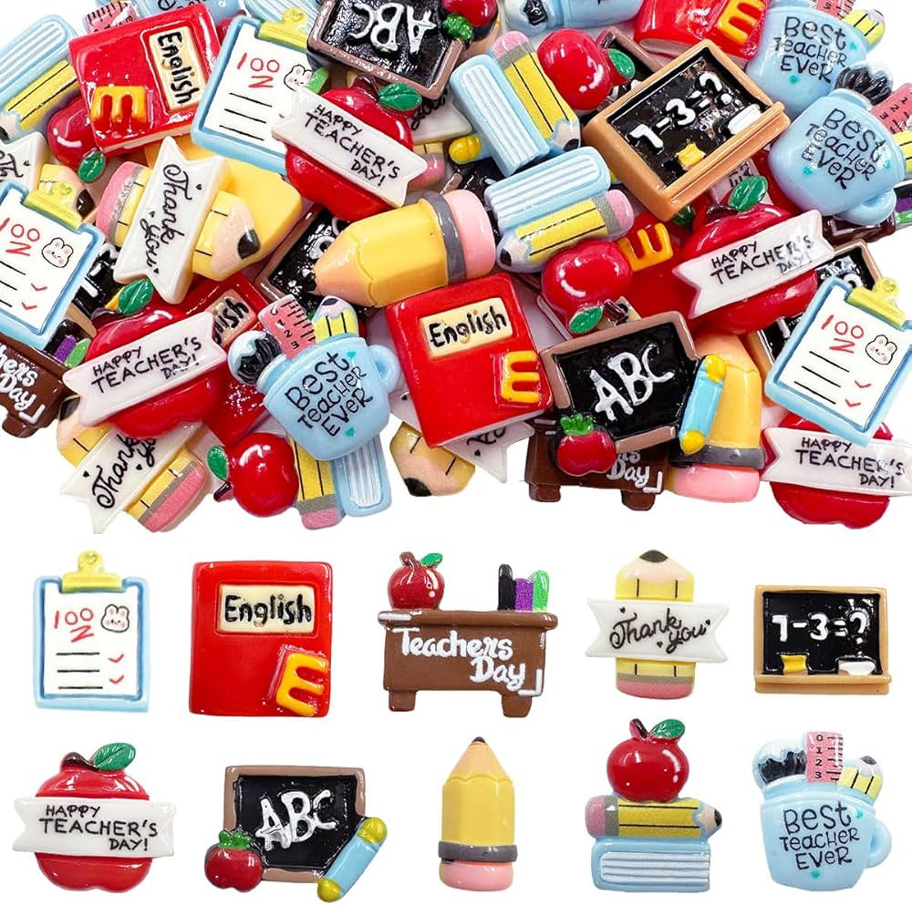 LOPURO Back to School Flatback Resin Charms, 30Pcs Pencil Flatback Charms Bulk Apple Teacher Resi... | Amazon (US)