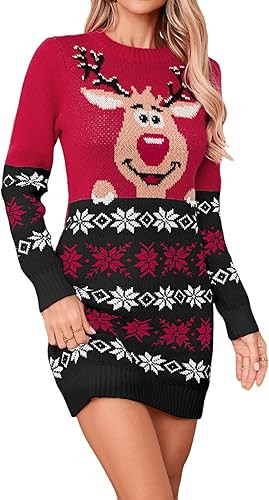 Womens Ugly Christmas Sweater Dress Winter 2025 Reindeer Snowflake Knit Crew Neck Long Sleeve Mid... | Amazon (US)