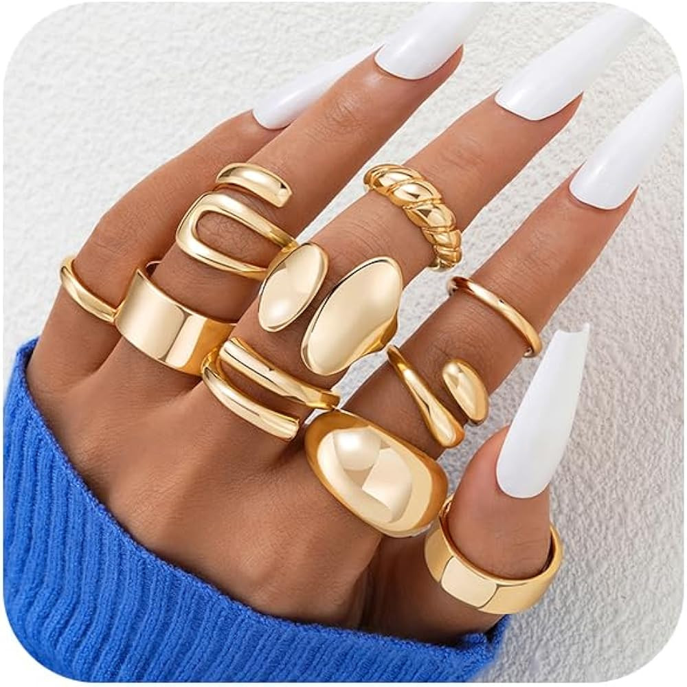ÌF ME 10 PCS Gold Rings Set for Women Non Tarnish, 18K Gold Plated Chunky Stackable Rings, State... | Amazon (US)