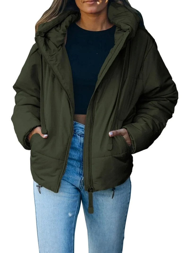 SHEWIN Women's Hooded Puffer Jacket Winter Warm Full Zip Up Oversized Short Quilted Coat with Poc... | Walmart (US)