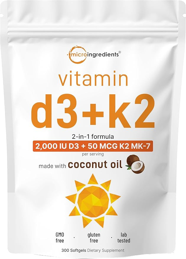 Micro Ingredients Vitamin D3 2,000 IU + K2 MK-7 50 mcg, 300 Softgels | Made with Coconut Oil | 2-... | Amazon (US)