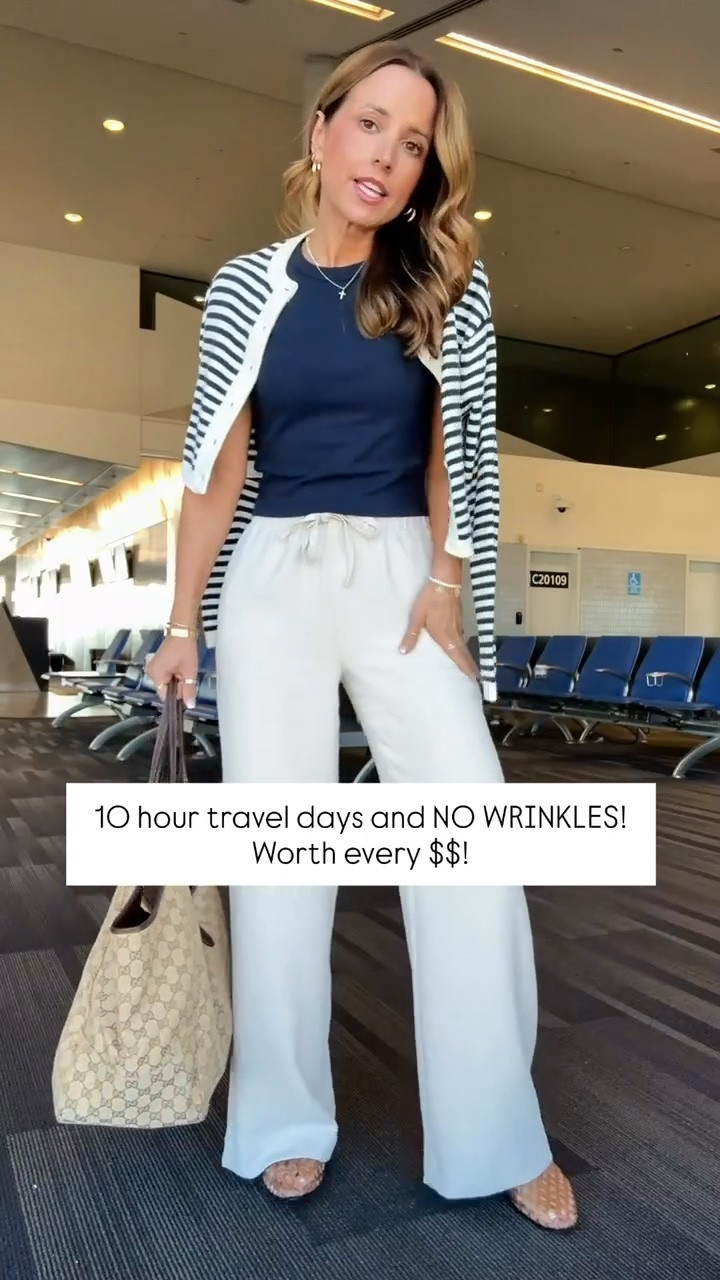 My travel outfit of the day! Aritzia The Lodge Pant - Crepette. Size XS regular. Comes in short and tall, too. Wrinkle resistant with an elastic waist and high-rise. Aritzia t-shirt in XS. Aritzia striped cropped cardigan in 2XS. Jelly ballet flats are whole sizes only. I’m a 6.5 and sized down to a 6 per reviews. Business casual. Elevated casual. Workwear. Coastal outfit.

#LTKootd #LTKWorkwear #LTKTravel