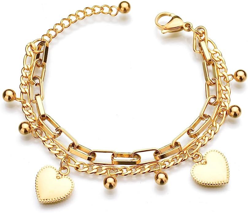 lureme 18K Gold Stainless Steel Multi Chains Bracelet with Ball and Heart Charms for Women (bl003... | Amazon (US)