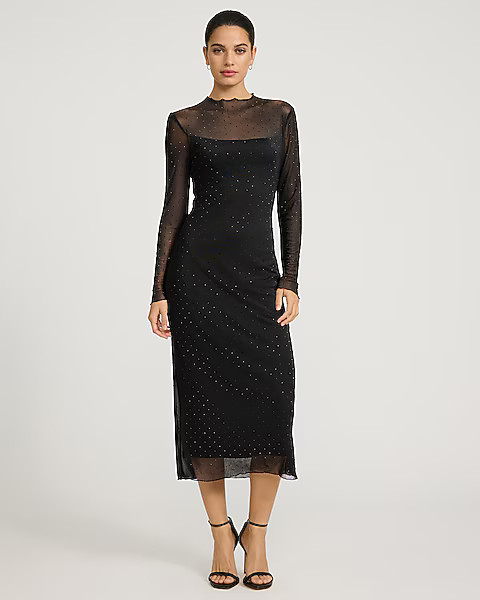 Rhinestone Embellished Mesh Midi Dress | Express