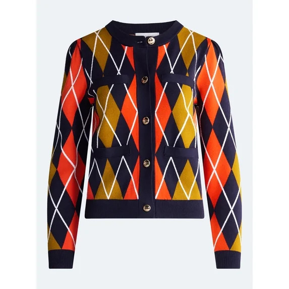 Free Assembly Women's Argyle Cardigan Sweater with Puff Sleeves, Midweight, Sizes XS-XXL | Walmart (US)