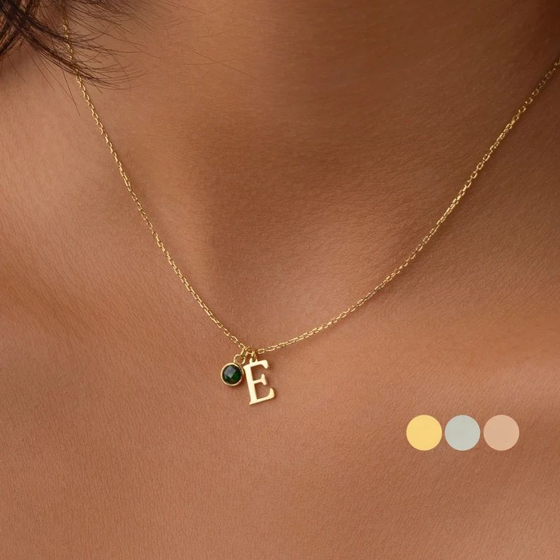 14K Solid Gold Initial Necklace With Birthstone, Custom Initial Necklace, Personalized Necklace, ... | Etsy (US)