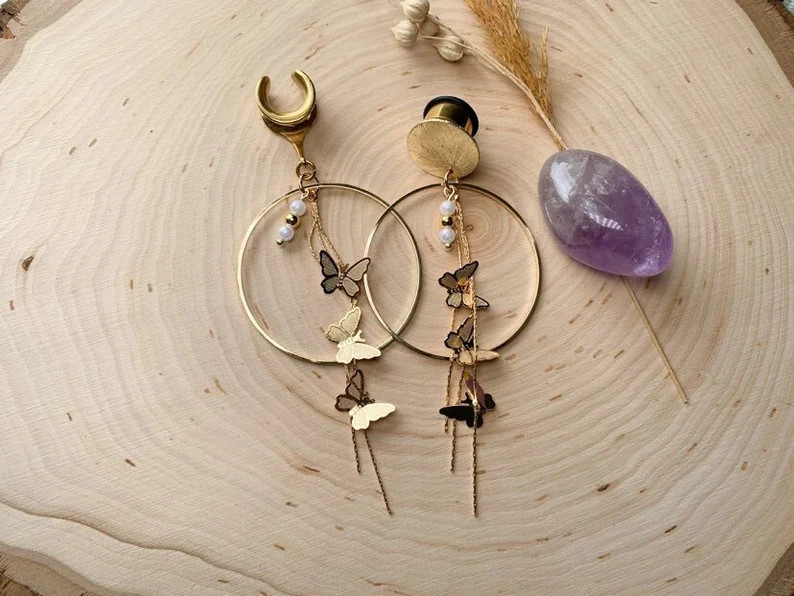 8g 1 3/16 30mm 18k Gold Hoop W/butterflies Lightweight Hoop Drop Dangle Earrings Gauges/earplugs ... | Etsy (US)