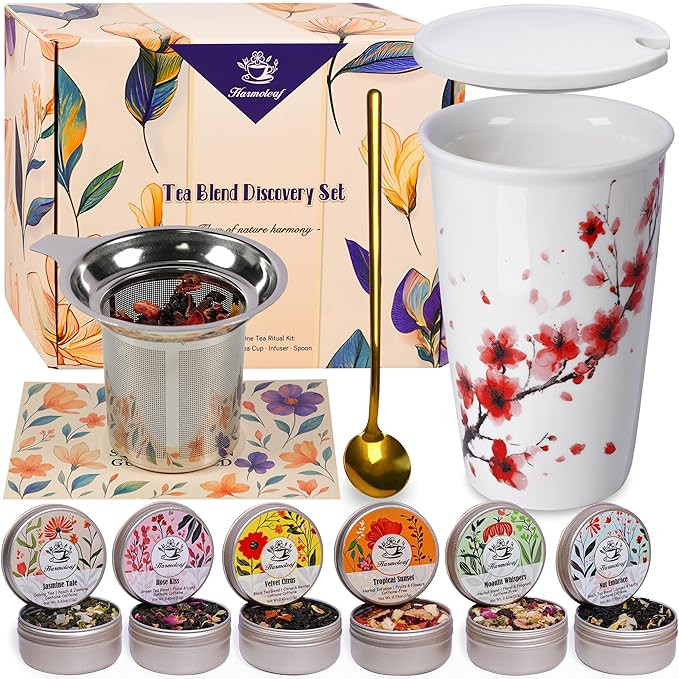 Harmoleaf Tea Gift Set for Women - 6 Herbal Loose Leaf Tea Blends, Insulated Ceramic Cup with Inf... | Amazon (US)