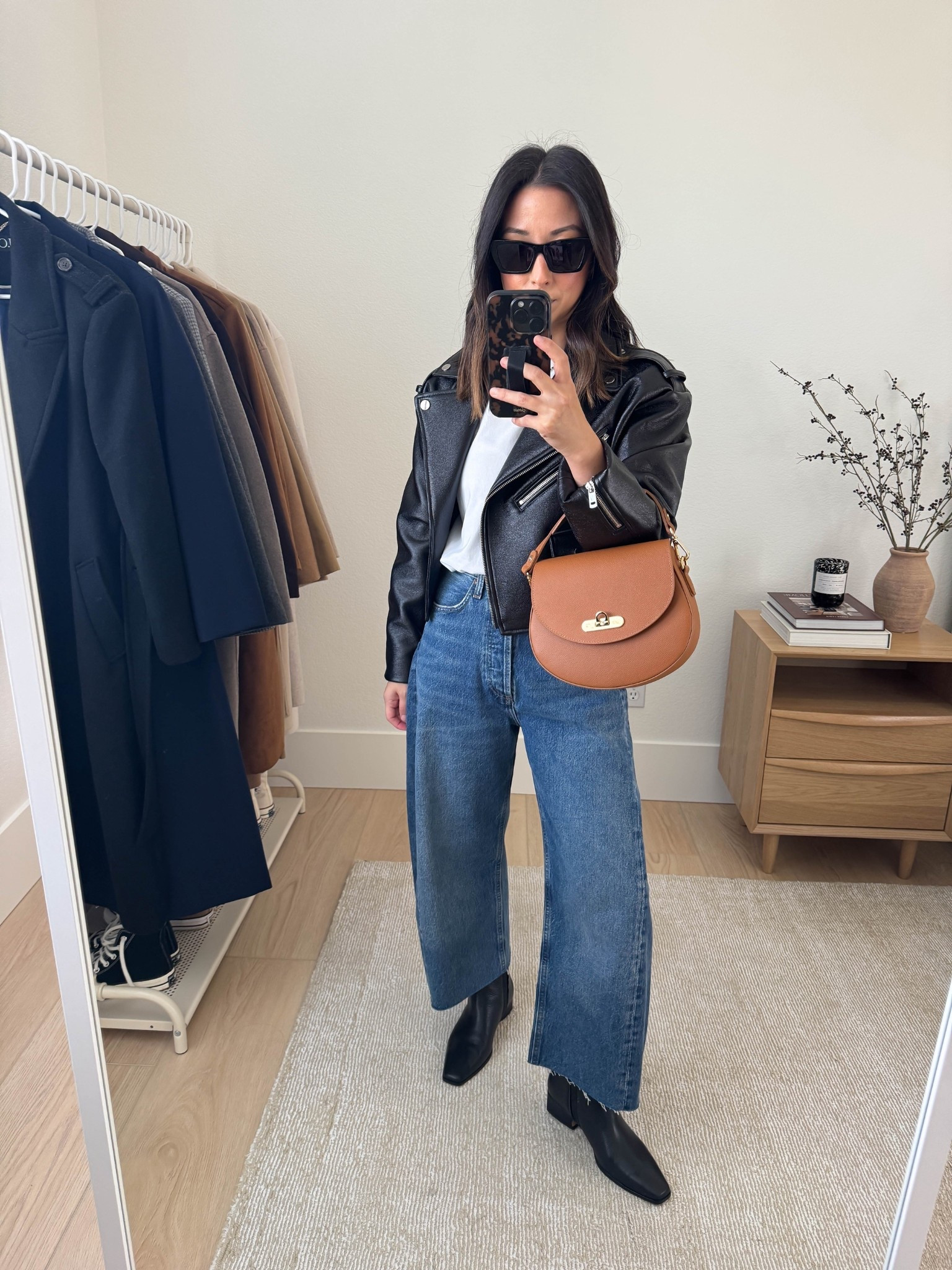 Outfit ideas with flat ankle boots. 

Zara cropped faux  leather jacket xs
Madewell tee xs (white is sold out)
AGOLDE barrel jeans 25, cut hems
Steve Madden Dorothea boots 5.5
Gigi New York x Haute Off the Rack bag
YSL sunglasses

Fall outfits, fall style, petite style 

#LTKPetite #LTKSeasonal #LTKCyberWeek