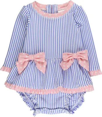 UPF50+ Seersucker Long Sleeve One Piece Bow Peplum Rash Guard Swimsuit | Nordstrom