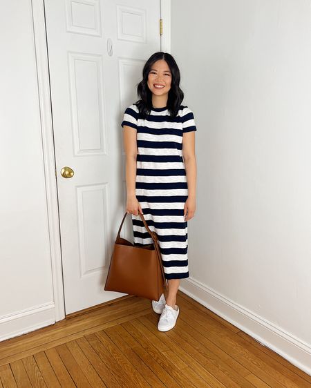 Navy and white striped dress (XSP)
Striped t-shirt dress
White sneaker mules (TTS)
Brown tote bag 
Casual outfit
Weekend outfit
Mom outfit
Spring outfit
Loft dress
Lou & Grey dress

#LTKstyletip #LTKSeasonal #LTKsalealert