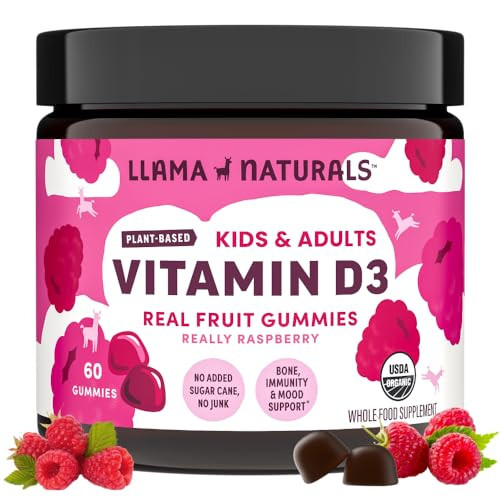 Llama Naturals Vitamin D3, Vegan, Organic Immune Support Supplement, Vitamin D Gummies for Adults and Kids, Real Fruit Gummy Vitamins, Promotes Bone Health, No Added Sugar Cane, Raspberry, 60 Ct | Amazon (US)