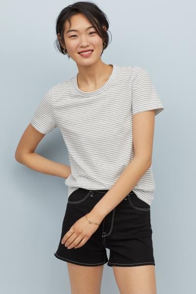Slub Jersey T-shirt - White/gray striped - Ladies | H&M US | H&M (US + CA)