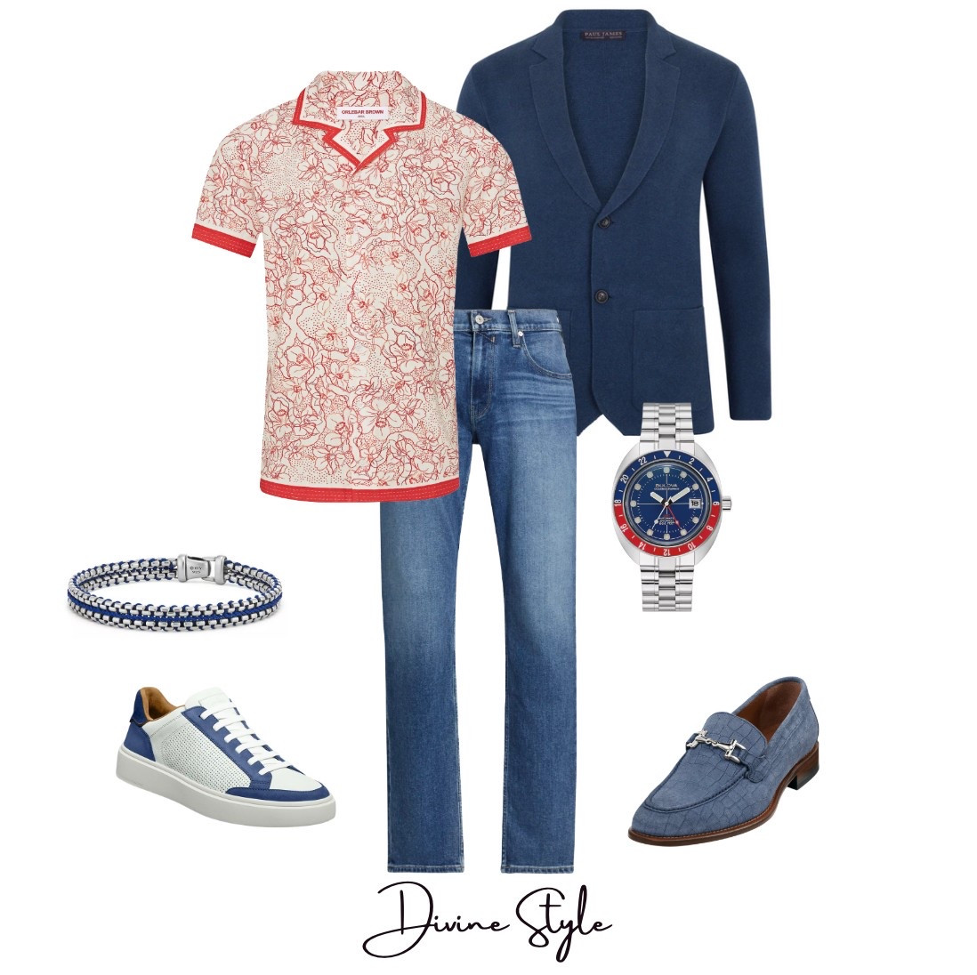 Men’s pre-spring outfit intermixing poppy red with blue and neutrals. This relaxed blue blazer is perfect to layer with or take off when it heats up with the print polo shirt underneath in this fun red hue.

#LTKStyleTip #LTKShoeCrush #LTKMens