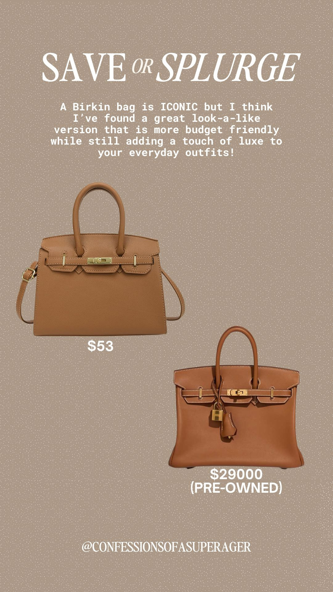 💼 Save or Splurge?
The Birkin bag will always be an icon — but this chic look-for-less gives the same luxe aesthetic for a fraction of the price. I’m obsessed with this budget-friendly find that elevates every outfit while keeping things timeless and polished 🤎

#SaveOrSplurge #BirkinDupe #DesignerDupe #AmazonFashionFinds #LTKBagEdit #AffordableStyle #LuxuryLookForLess #LTKFallFashion #ChicOnABudget #ConfessionsOfASuperAger 

 

#LTKSaleAlert #LTKFindsUnder100 #LTKItBag