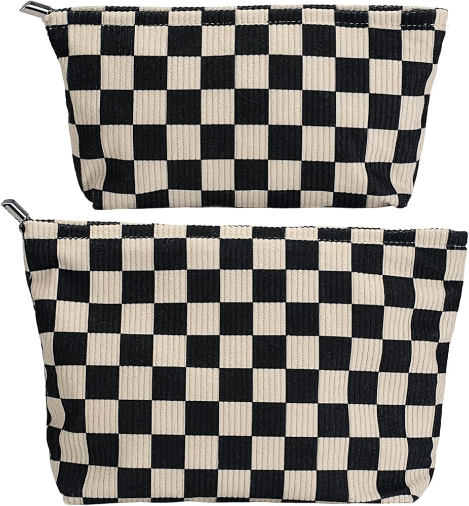 Black and White Checkered Makeup Bag Set of 2, Corduroy Cosmetic Pouch for Women, Travel Toiletry... | Amazon (US)