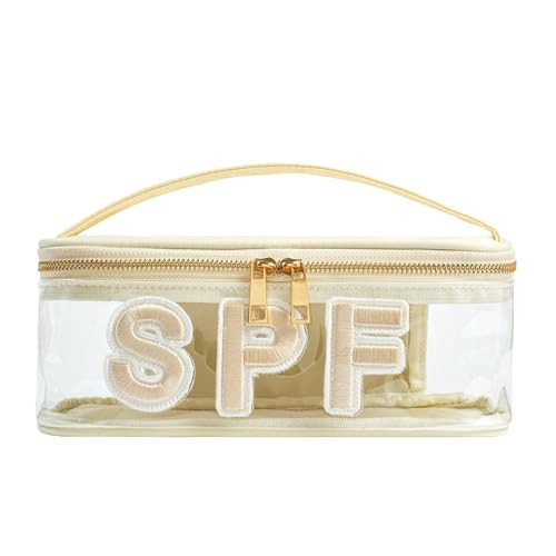 RSRSLEII Clear Waterproof Summer SPF Makeup Bag，Aesthetic Transparent Letter Patch Cosmetic Bag with Metal Zipper, Preppy Sunscreen Accessories Storage Organization, Beach Travel Purse(02SPF Beige) | Amazon (US)