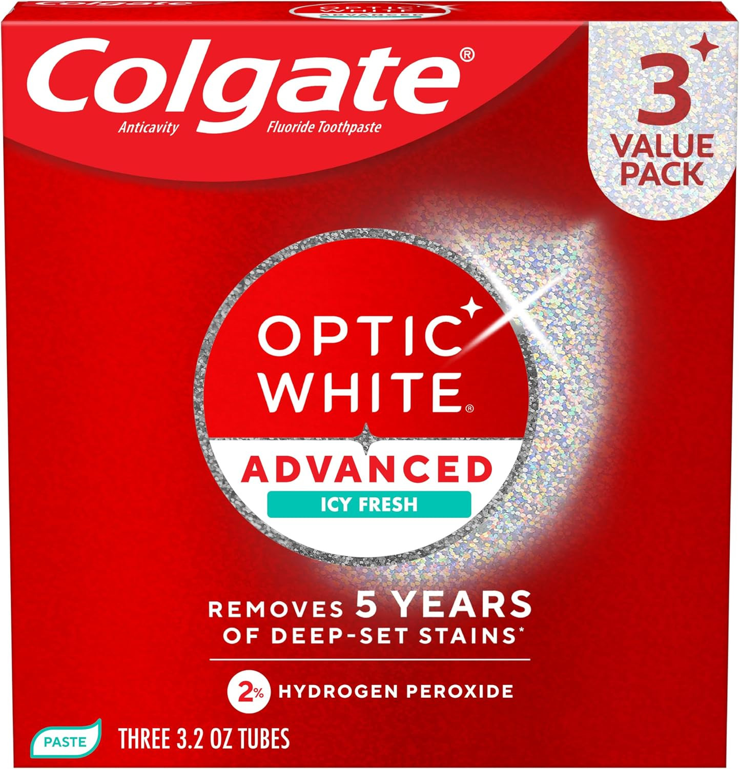 Colgate Optic White Advanced Hydrogen Peroxide Toothpaste, 3 Pack, 3.2 oz | Amazon (US)