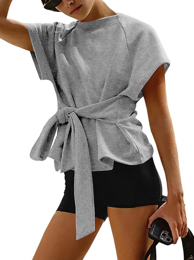 Fisoew Womens Short Sleeve Tops Tie Front Wrap T Shirt Casual Sweatshirt | Tie Knot, Soft Lightwe... | Amazon (US)