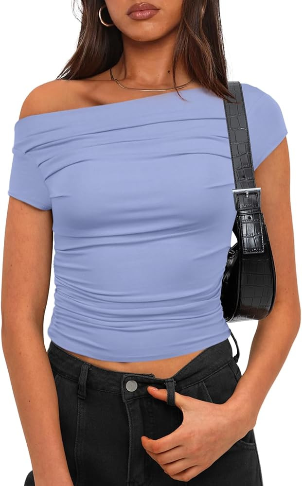 Darong Women's Summer Cap Sleeve Boat Neck Off Shoulder Top Going Out Slim Fit Tops Y2K Tight Shi... | Amazon (US)