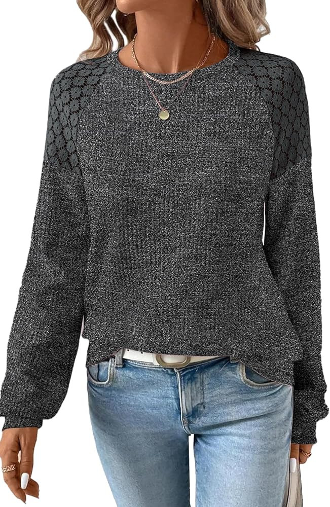 SHEWIN Fall Women Long Sleeve Tops Waffle Knit Shirts Muticolor Fabric Blouses | Amazon (US)