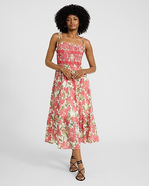 Printed Square Neck Tie Strap Smocked Maxi Dress | Express