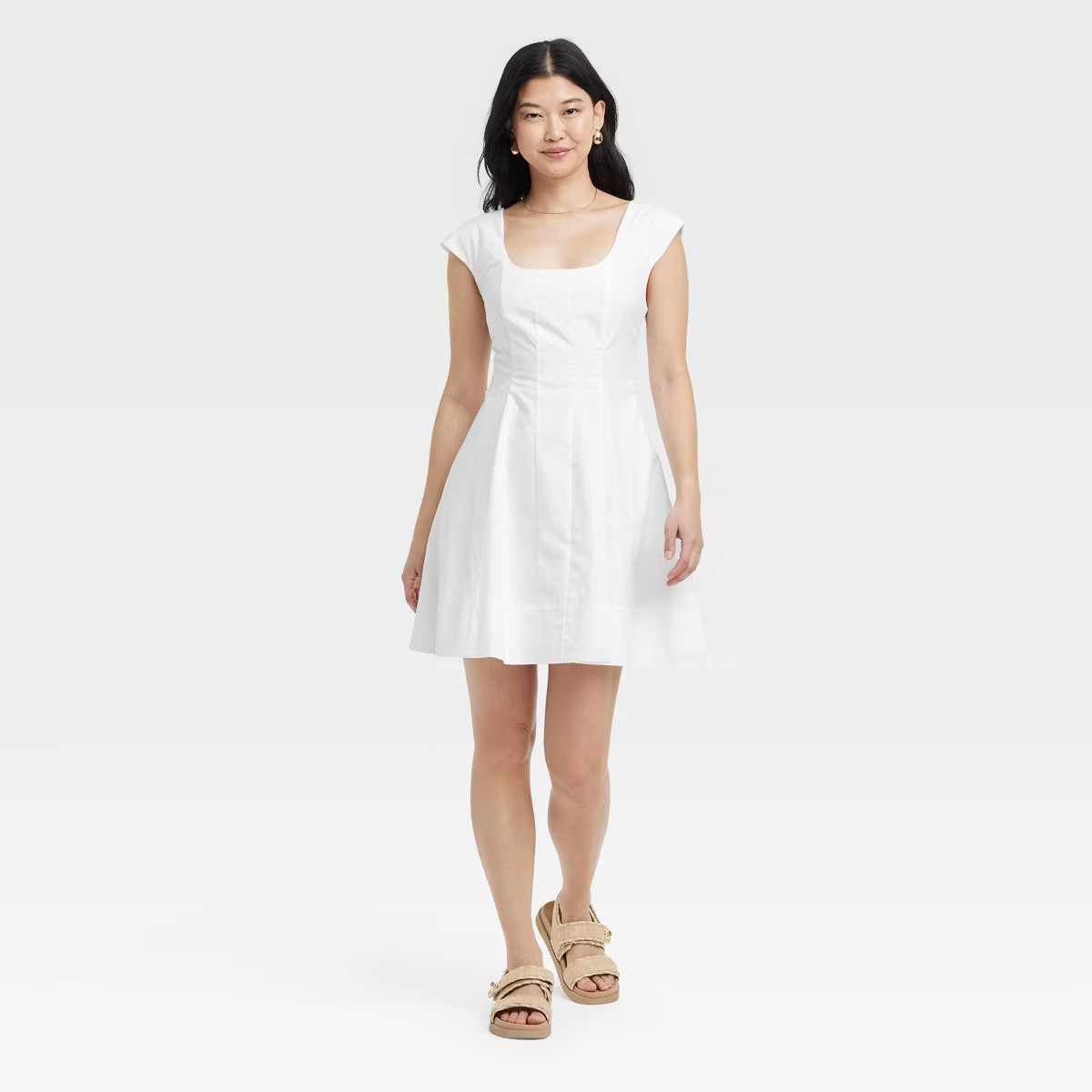 Women's Corset Woven Mini A-Line Dress - A New Day™ White 12: Cotton Poplin, Squareneck, Sleeve... | Target
