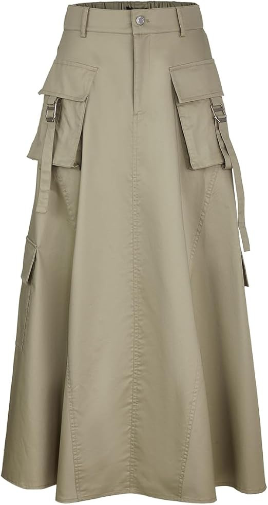 Women's Casual Skirt Elastic Waist A-Line Midi Skirts Pocket Side Oversized Long Cargo Skirt | Amazon (US)
