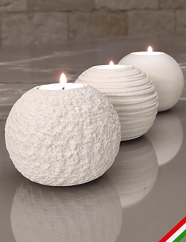 Set of 3 Mixed Stone Spheres Candle Holders Smooth Rough Grooved Handmade in Italy - Incl Gift Bo... | Amazon (US)