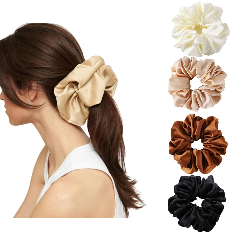 4 Packs Extra Large Satin Silk Hair Scrunchies Soft Big Oversized Scrunchy Thick Elastic Fluffy H... | Amazon (US)