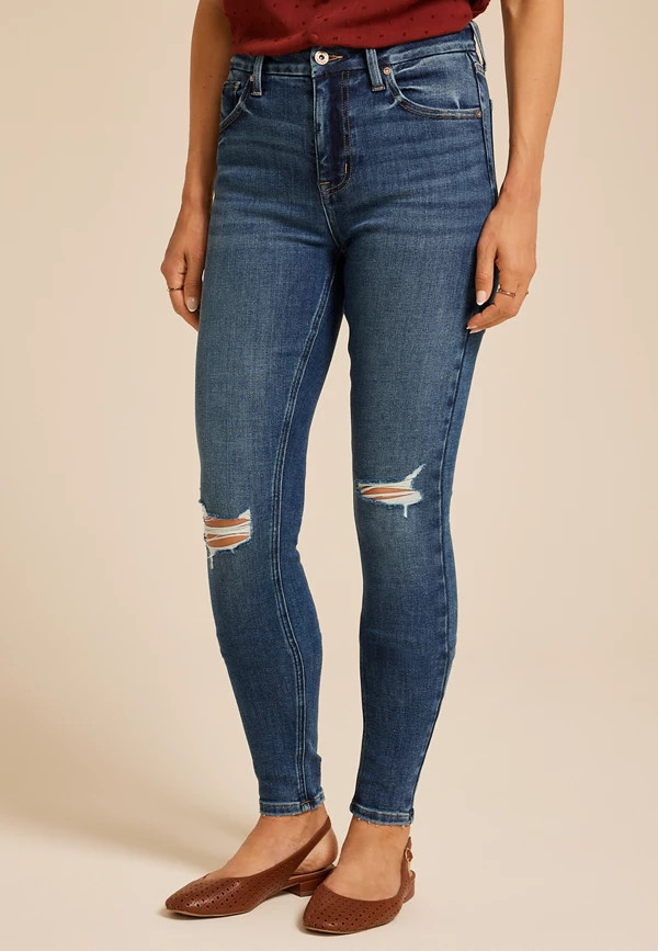 edgely™ Dark High Rise Ripped Cheeky Super Skinny Jean | Maurices