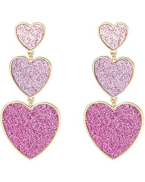 Three Love Heart Dangle Drop Earrings Unique Pink Red Heart Statement Earrings for Women | Amazon (US)