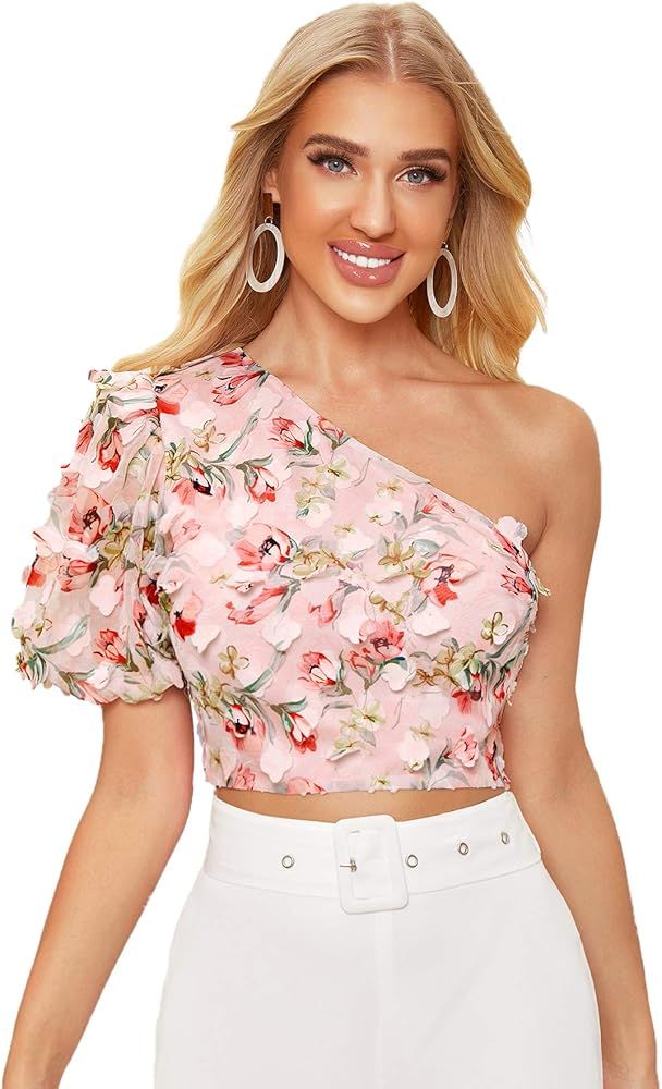 SOLY HUX Women's One Shoulder Puff Short Sleeve Printed Crop Top Blouse | Amazon (US)