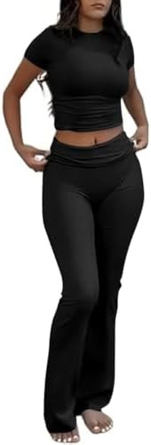 Two Piece Lounge Sets for Women Fold Over Flare Pants Short Sleeve Crop Top Y2k Outfits Matching ... | Amazon (US)