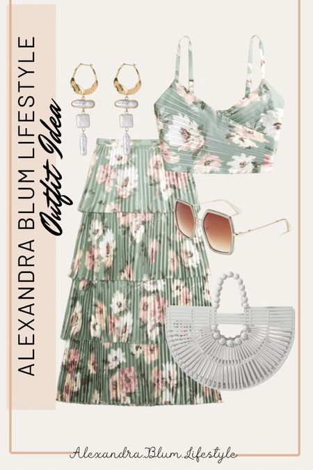 Best dressed wedding guest dress from Abercrombie! Two piece tank top and skirt duo in a pleated mint green pastel floral print, white handbag, dangle earrings and oversized sunglasses! Spring outfit idea! Amazon accessories! Easter dress! Spring dress! 

#LTKfindsunder100 #LTKparties #LTKwedding