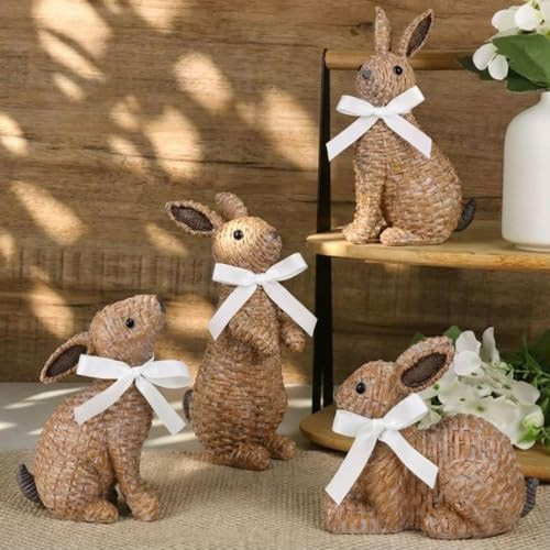 Threehoney 4 Pcs Rattan Bunny Figurines Easter Decorations Resin Rabbit Statues Effect Rabbit Sculptures Table Centerpiece for Spring Easter Party Gifts Home Farmhouse Decor | Amazon (US)