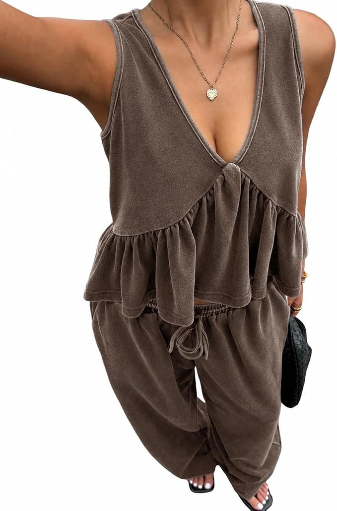 Women's 2 Piece Outfit Vintage V-Neck Camisole And Pants Set Summer Matching Loungewear | Amazon (US)
