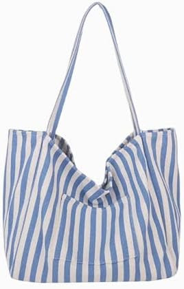 canvas tote bag for women, beach striped medium size shoulder bag with pocket, college everyday c... | Amazon (US)