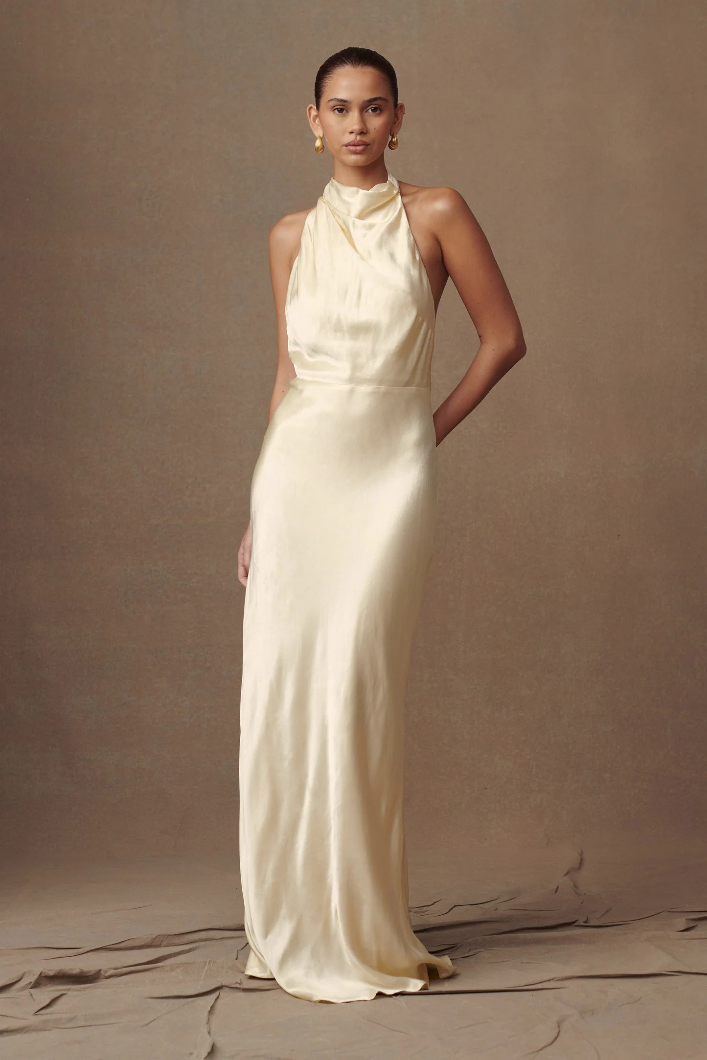 Esther Iridescent Satin Cowl Maxi Dress - Lemon Sorbet | MESHKI US